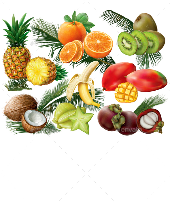 Tropical Fruits with Palm Leaves