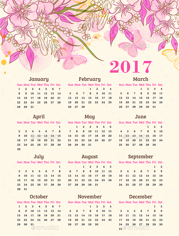 Calendar with Pink Flowers