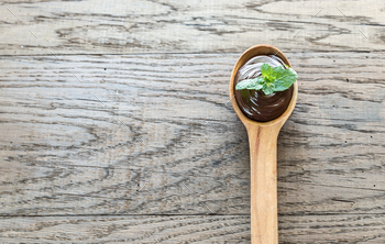 Photodune Wooden spoon of chocolate cream with fresh mint 18753229
