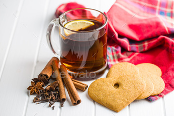 Photodune Gingerbread heart shape and cup of tea. 18759542