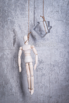 Photodune Wooden figure of human and house in a hangmans loop 18780136