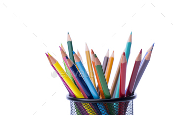 Photodune Bunch of color pencils in a stand over the white background 18783878