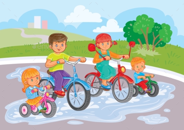 Young Children Ride Bicycles In Park