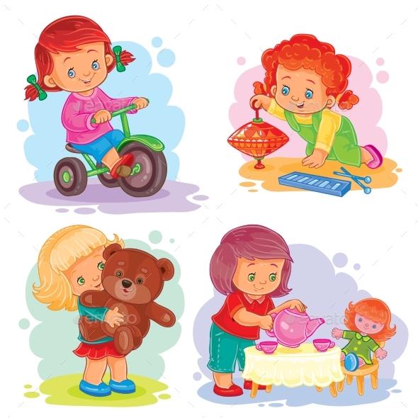 Small Girls Playing with Toys Icons Set