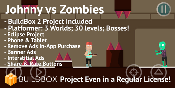 Johnny vs Zombies Platformer: Android, BuildBox Included, AdMob, RevMob, Remove Ads IAP