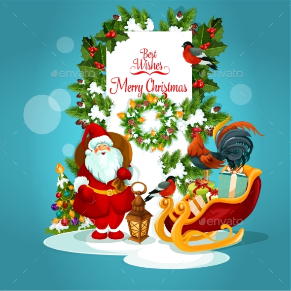 Christmas Greeting Card with Santa and Xmas Tree