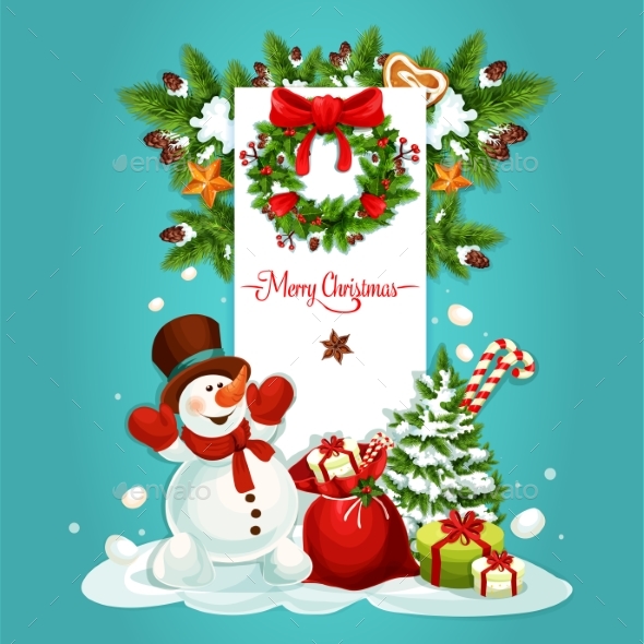 Christmas Snowman with Gift Greeting Card Design