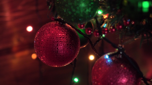 Christmas Tree Decorated, Red Ball,