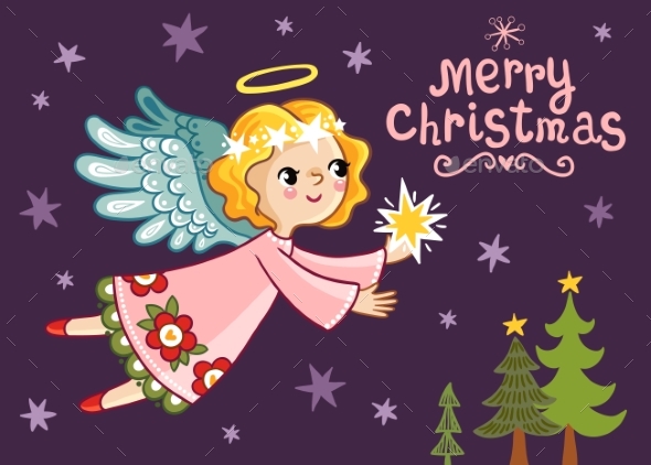 Christmas Card with an Angel Who Holds a Star