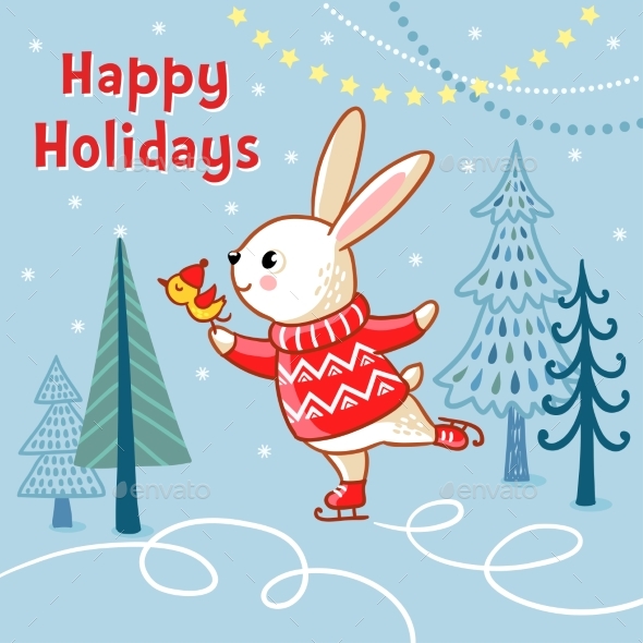 Christmas Card with a Hare Who Skates