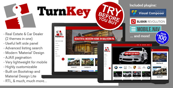 TurnKey Real Estate and Car Dealership Responsive Material Design WordPress Theme