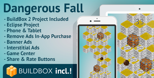 Dangerous Fall: Android, BuildBox Included, Easy Reskin, AdMob, RevMob, Remove Ads