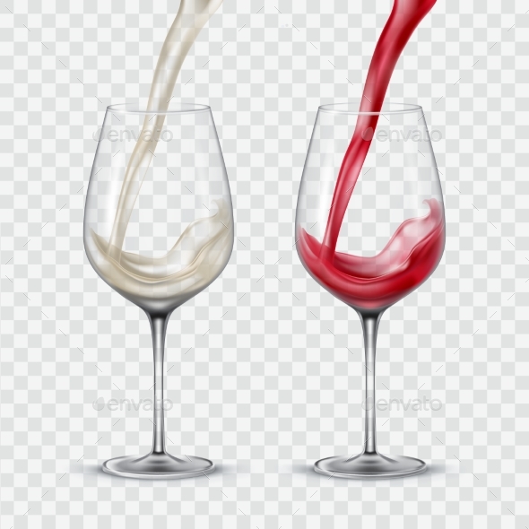 Set Transparent Glasses with White and Red Wine