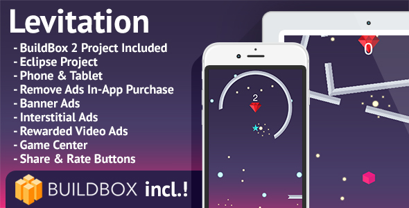 Levitation: Android, BuildBox Included, Easy Reskin, AdMob, RevMob, HeyZap, Remove Ads
