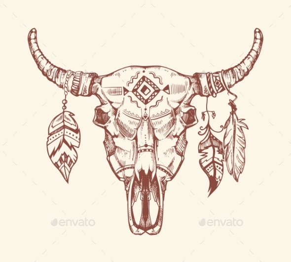 Aztec Tribal Buffalo Skull Vector T-Shirt Print