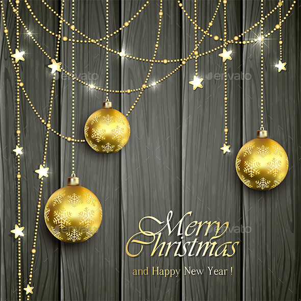 Golden Christmas Balls on Black Wooden Background