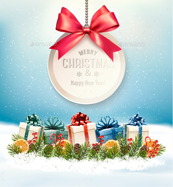 Christmas Presents With A Gift Card And A Ribbon Vector