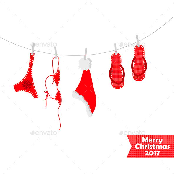 Christmas card 2017. Beach accessories, swimsuit