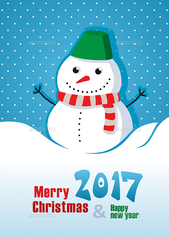 Merry Christmas Card with snowman. Happy New Year 2017