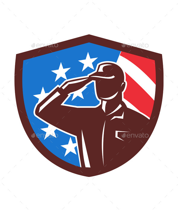 American Soldier Saluting USA Flag Crest Retro