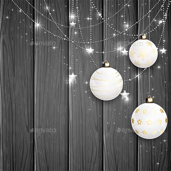 White Christmas Balls on Black Wooden Background