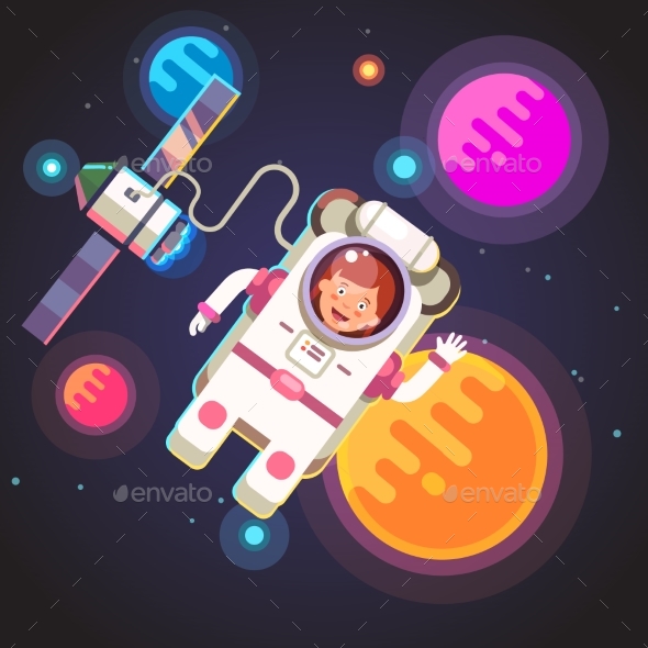 Astronaut Girl Flying in Space