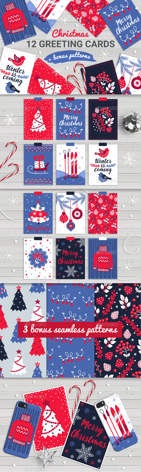 12 Christmas Cards and Seamless Patterns