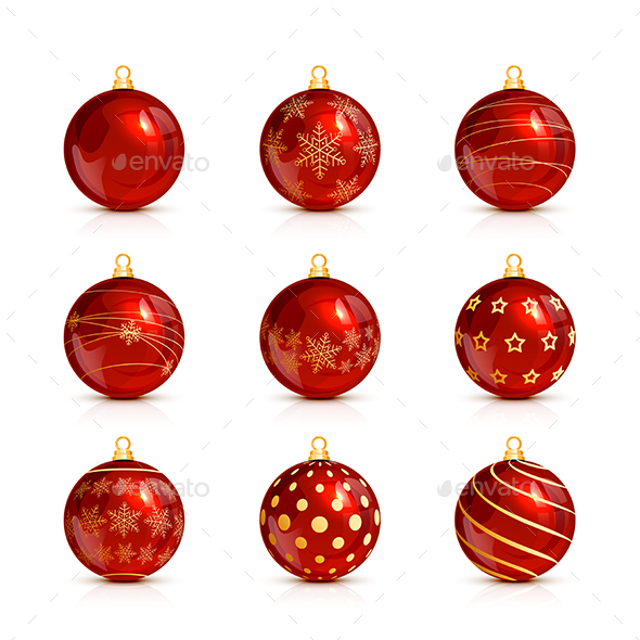 Set of Red Christmas Balls with Golden Pattern