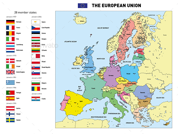 Vector Map of The European Union with Flags and Capitals