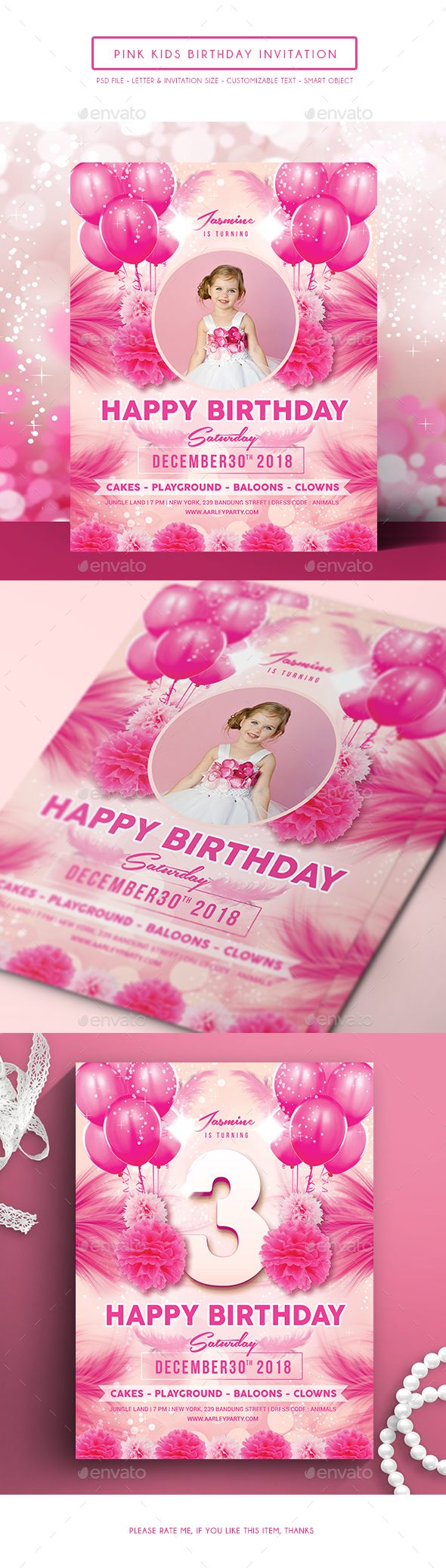 Pink Kids Birthday Invitation