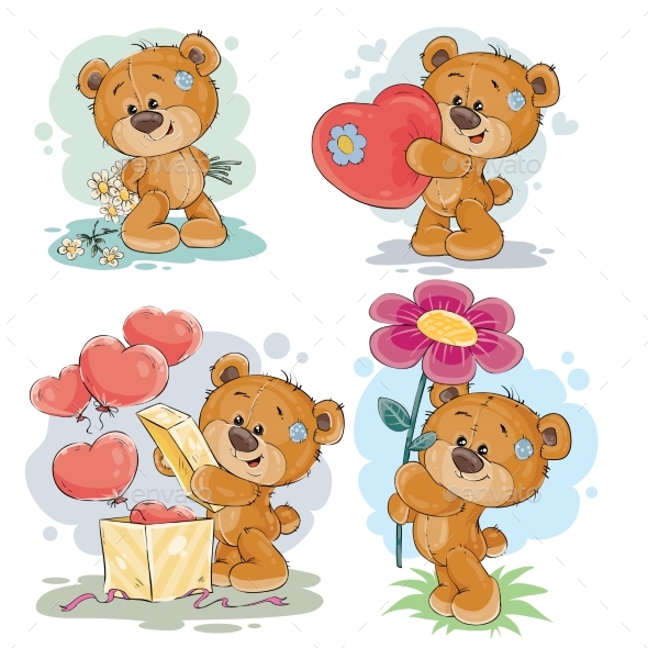 Set Vector Clip Art Illustrations of Teddy Bears