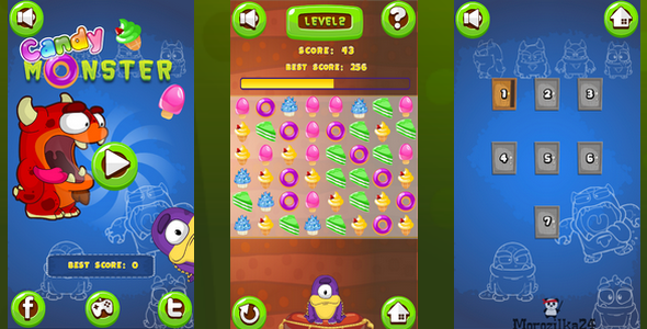 Candy Monster - match 3, html5, twitter, facebook, capx