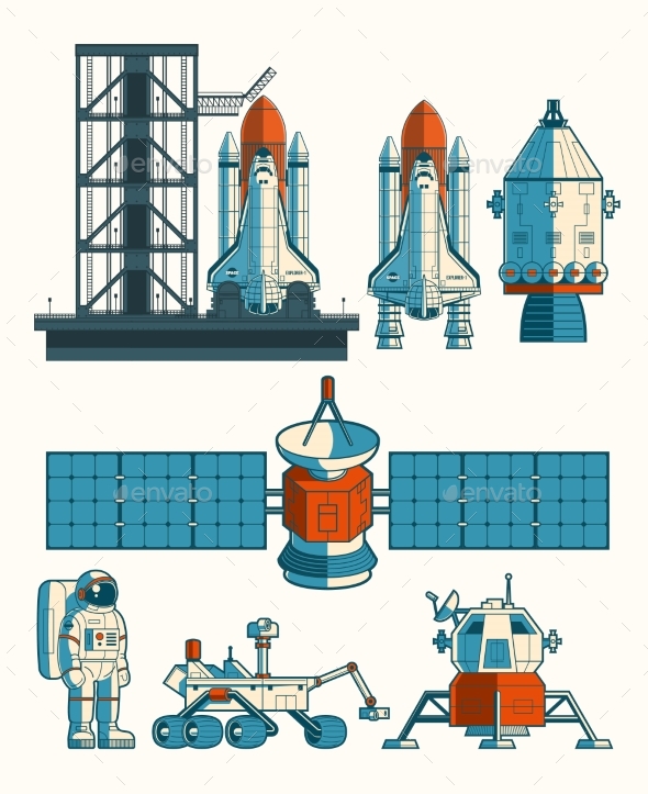 Set Vector Flat Illustration on the Space Theme