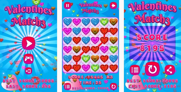 Valentines Match3 - HTML5 Game + Android + AdMob (Capx)