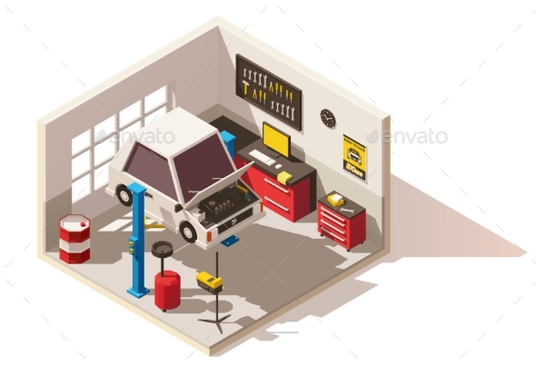 Vector Isometric Low Poly Car Service Center Icon