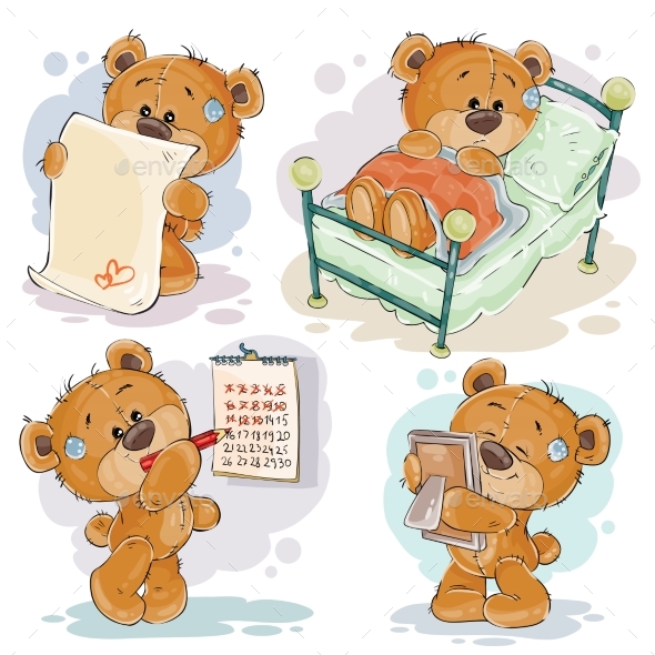 Set Vector Clip Art Illustrations of Bored Teddy