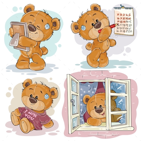 Set Vector Clip Art Illustrations of Bored Teddy