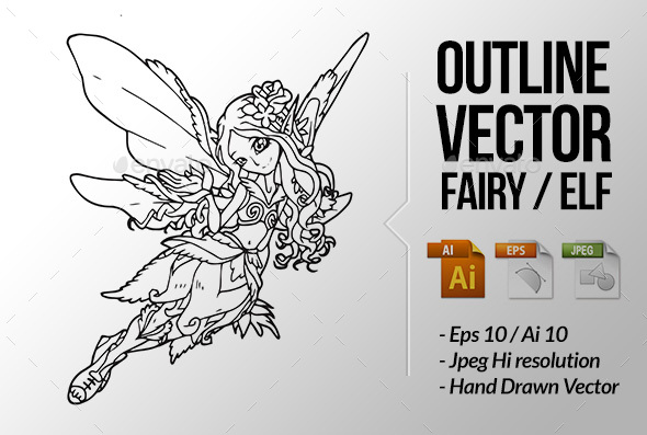 Fairy / Elf Outline Vector Illustration