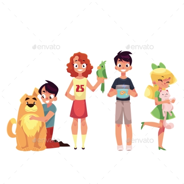 Kids with Pets - Dog, Cat, Parrot and Golden Fish