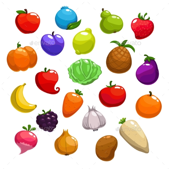 Cartoon Fruits, Berries and Vegetable Icons