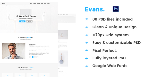 Themeforest Evans – Minimal Personal Portfolio PSD Template 19428827