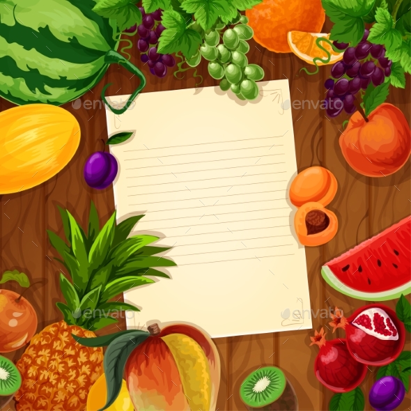 Fruits with Blank Paper on Wooden Background
