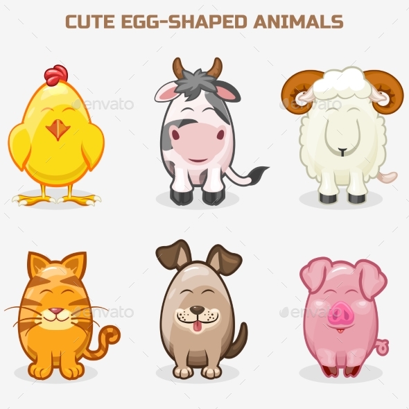 Cute Pets Animals in One Set, Simple Egg-shaped