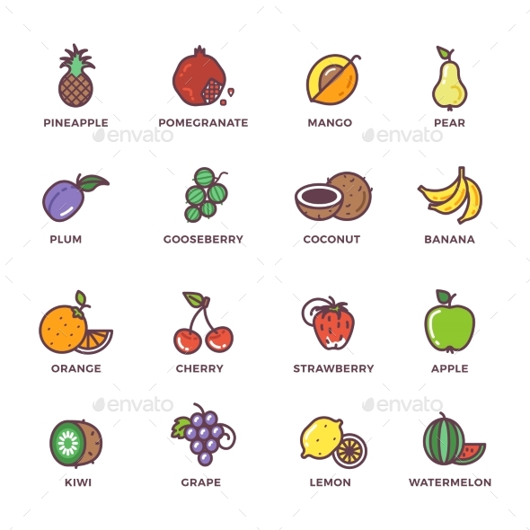 Fruits Raw Food Colored Vector Icons Set