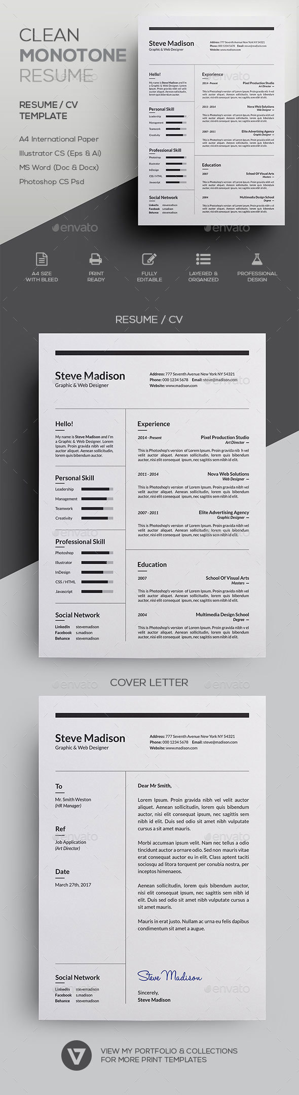 Clean Monotone Resume / CV Template