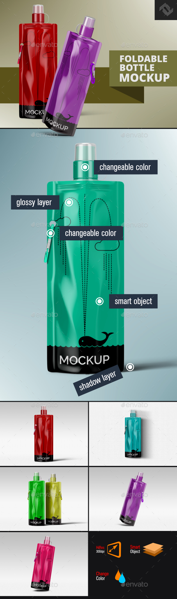 Foldable Plastic Water Bottle Mockup