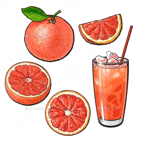 Whole, Half, Quarter Grapefruit and Glass of Juice