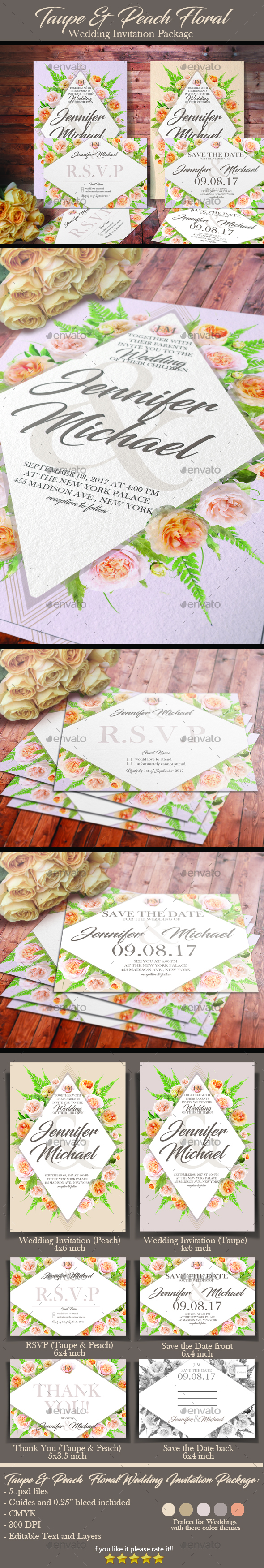 Taupe & Peach Floral Wedding Invitation Pack