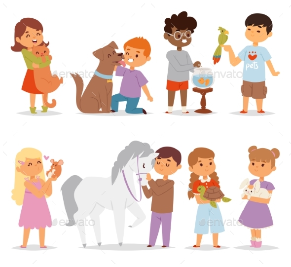 Toddler Cartoon Kids Characters Petting Little Pet