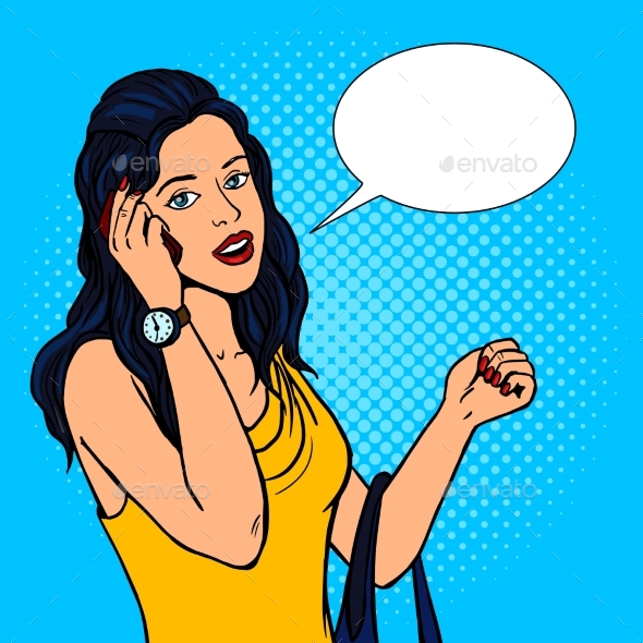 Girl Talking Phone Pop Art Style Vector